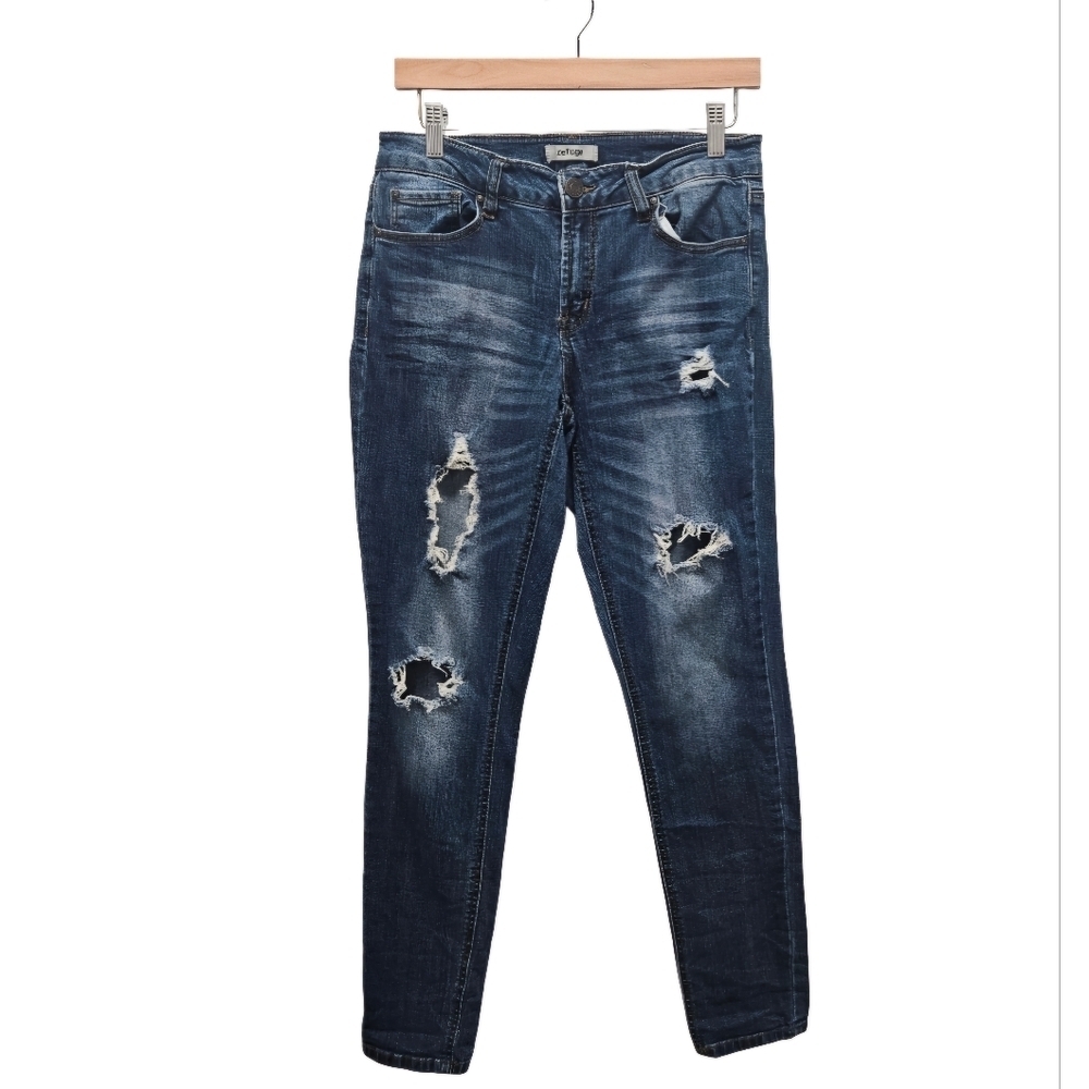 0044 Refuge Distressed Skinny Jeans Medium Dark Wash Size 8 Blue Denim Ripped